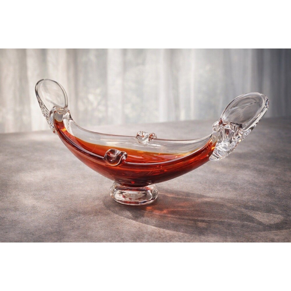 Hand Blown Art Glass Decorative Bowl Red Orange Clear, Abstract Shape, Glossy